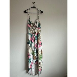 Red Leaf Tropical Pineapple Floral High Low Maxi Dress White Hibiscus Smocked
